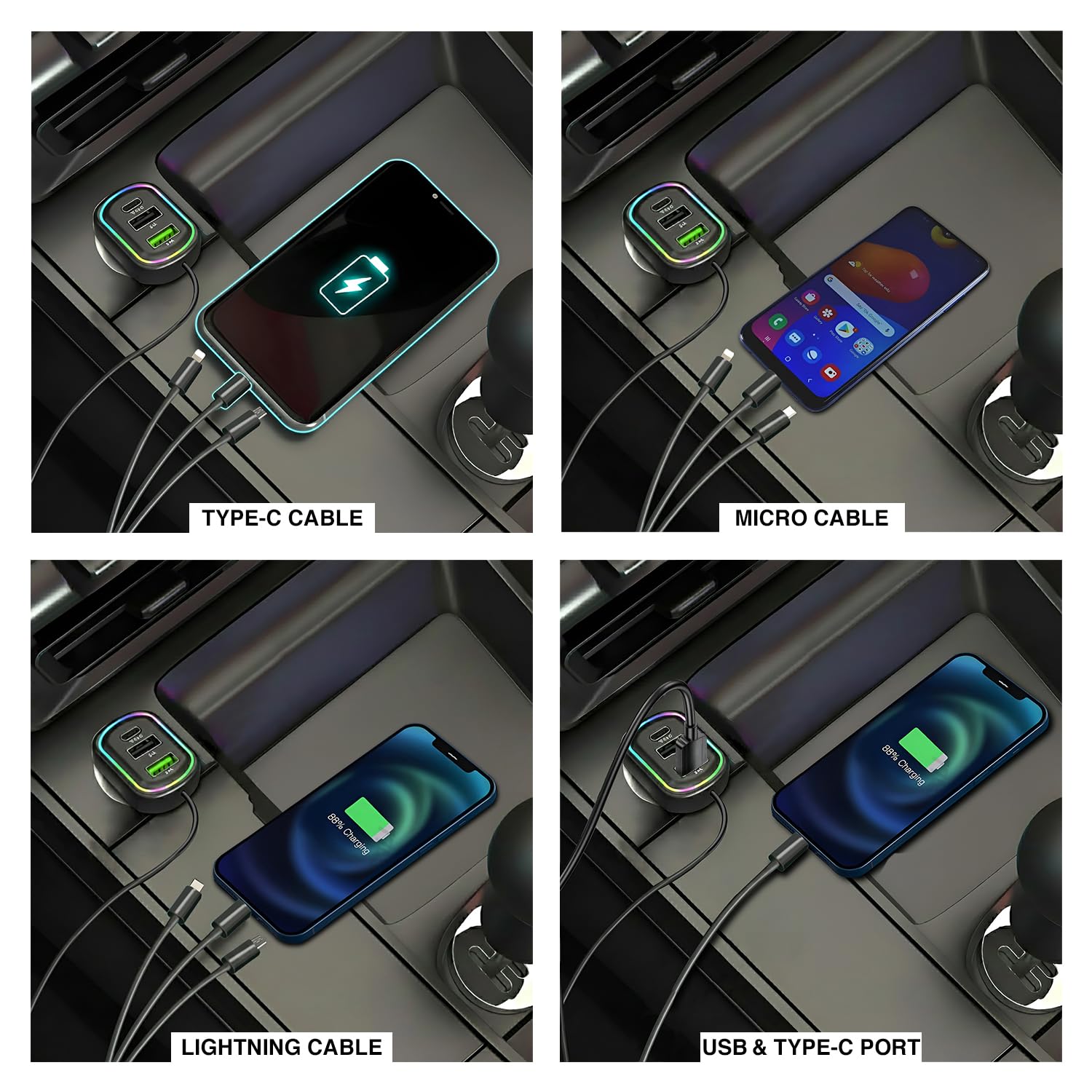 Chargeur de voiture à 3 ports avec câble de charge 3 en 1 intégré (Lightning/Type-C/Micro USB) - شاحن سيارة - الصورة 15