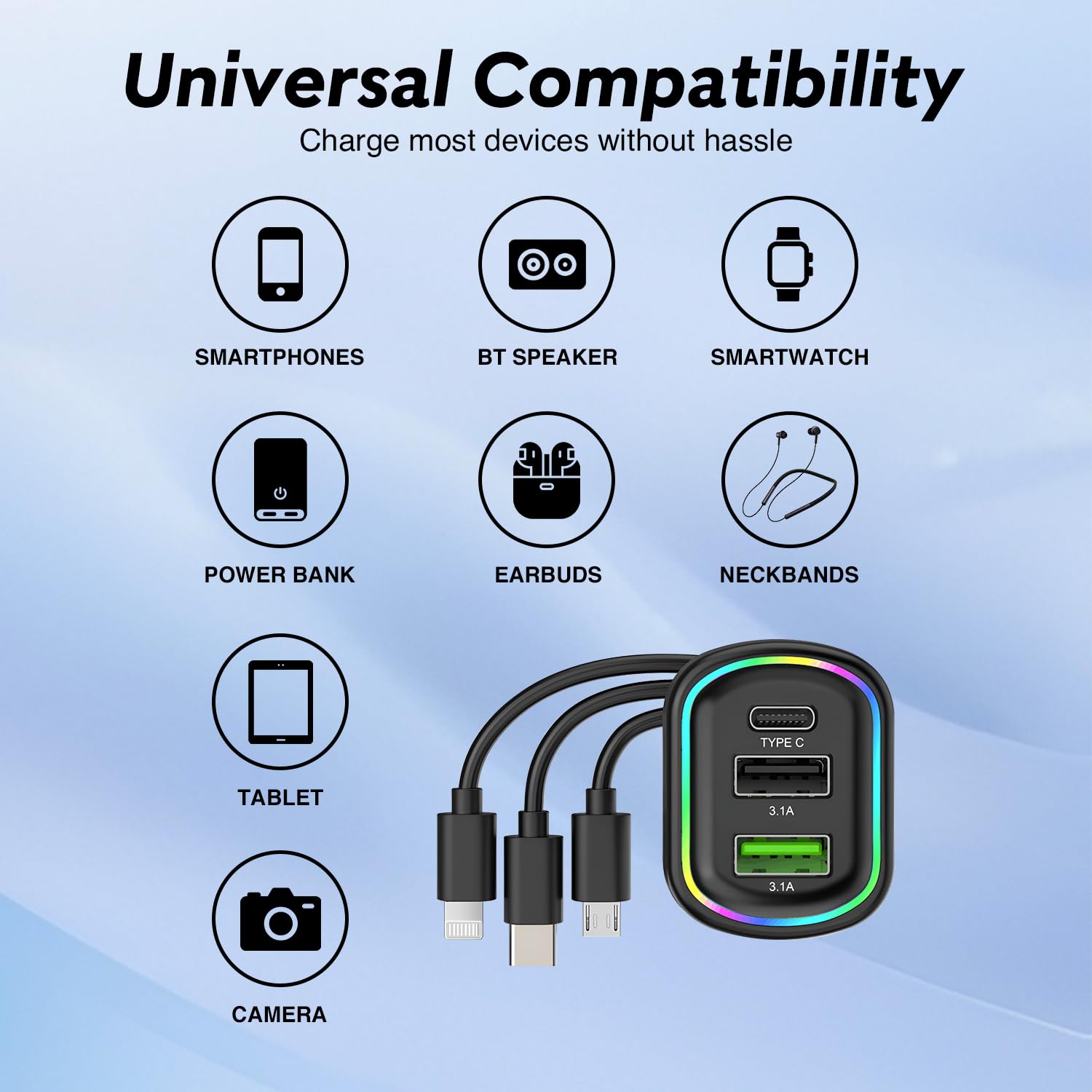 Chargeur de voiture à 3 ports avec câble de charge 3 en 1 intégré (Lightning/Type-C/Micro USB) - شاحن سيارة - الصورة 5